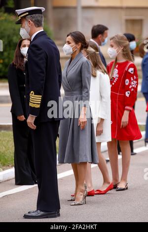 Cartagena, Spanien. April 2021. Que Letizia, König Rofilee, Prinzessin Leonor und Prinzessin Sofia nehmen am 22. April 2021 an der Lancierung der S-81-U-Boot „Isaac Peral“ auf der Werft Navantia in Cartagena, Spanien, Teil. Foto von Archie Andrews/ABACAPRESS.COM Quelle: Abaca Press/Alamy Live News Stockfoto