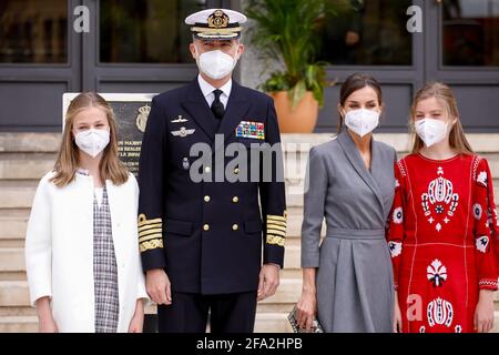 Cartagena, Spanien. April 2021. Que Letizia, König Rofilee, Prinzessin Leonor und Prinzessin Sofia nehmen am 22. April 2021 an der Lancierung der S-81-U-Boot „Isaac Peral“ auf der Werft Navantia in Cartagena, Spanien, Teil. Foto von Archie Andrews/ABACAPRESS.COM Quelle: Abaca Press/Alamy Live News Stockfoto