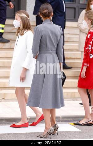 Cartagena, Spanien. April 2021. Que Letizia, König Rofilee, Prinzessin Leonor und Prinzessin Sofia nehmen am 22. April 2021 an der Lancierung der S-81-U-Boot „Isaac Peral“ auf der Werft Navantia in Cartagena, Spanien, Teil. Foto von Archie Andrews/ABACAPRESS.COM Quelle: Abaca Press/Alamy Live News Stockfoto