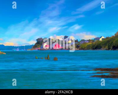 Bild einer ruhigen Bucht mit einem Dorf an der Küste auf der Halbinsel Mizen Head in der Grafschaft Kerry, Irland. Stockfoto