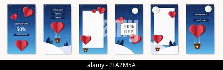 Social-Media-Vorlagen mit Love-Thema für mobile Geräte. Hintergründe für Ihre Geschichten. Angebot am Valentinstag. Heißluftballons am Nachthimmel, Winterwald Stock Vektor