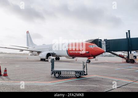 Kopenhagen, Dänemark - 30. Januar 2019. Ein leerer Gepäckwagen neben der Boeing 737-800 des norwegischen Flugzeugs (anders Zorn Livery) parkte in Kopenhagen Kast Stockfoto