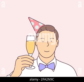 Neujahrsfeier, festliches Stimmungskonzept. Fröhliches Lächeln am Silvesterabend, bei dem Mann mit Hut und einem Glas Champagner auf der Party gefeiert wird. Stock Vektor