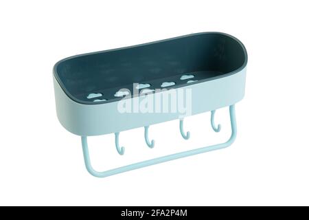 Leerer Plastikspeicher oder Regal mit Handtuchhalter für Badezimmer Isoliert auf wtie Hintergrund Stockfoto
