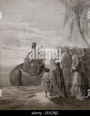 Bibelgeschichte Illustration Jesus predigte am See von Galilee (Luke5:3) von Gustave Dore Stockfoto