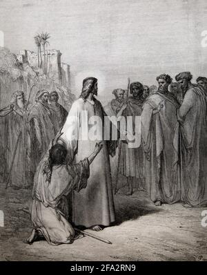 Bible Story Illustration Jesus Heilung der Mann mit Th besessen Devil (Lukas 4:36-37) von gustave Dore Stockfoto