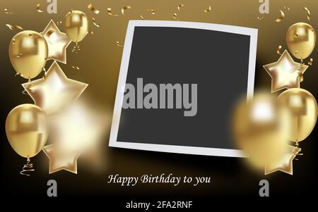 Geburtstag elegante Grußkarte mit Luftballons, Serpentin, goldenem Rahmen und Krone. Stock Vektor