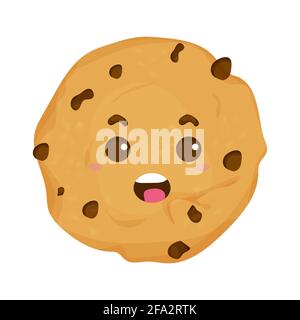 Niedliche, komische Kawaii Cookie, emotionale Charakter im Cartoon-Stil isoliert auf weißem Hintergrund. Dessert mit Schokoladenstückchen. . Vektorgrafik Stock Vektor