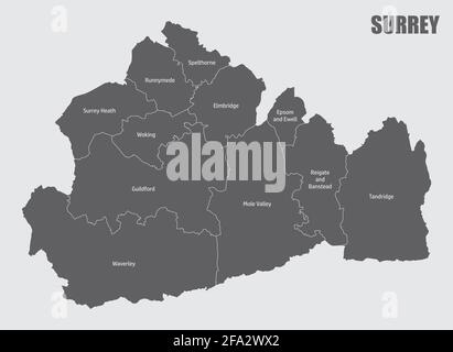 Die isolierte Karte der Grafschaft Surrey, die in Bezirke mit Beschriftungen unterteilt ist, England Stock Vektor