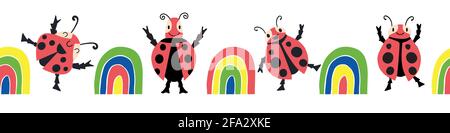 Niedliche Kawaii Marienkäfer und Regenbögen nahtlose Vektor Grenze Hintergrund.Banner mit Glücklich tanzende Marienkäfer in kindlichen grafischen Zeichnungsstil.helle Kinder Stock Vektor