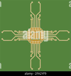 Flache Mikroelektronik-Schaltungen. Leiterplattenvektor, grüner Hintergrund. Stock Vektor