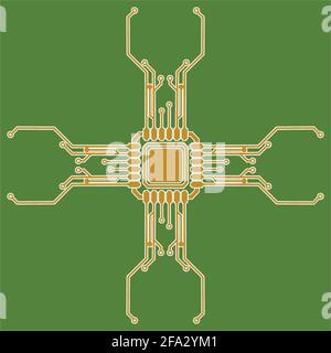Flache Mikroelektronik-Schaltungen. Leiterplattenvektor, grüner Hintergrund. Stock Vektor