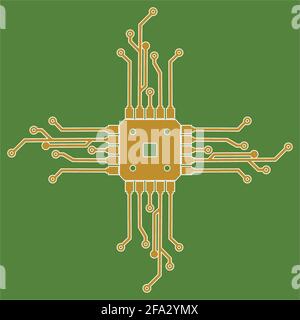 Flache Mikroelektronik-Schaltungen. Leiterplattenvektor, grüner Hintergrund. Stock Vektor