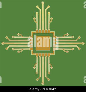 Flache Mikroelektronik-Schaltungen. Leiterplattenvektor, grüner Hintergrund. Stock Vektor