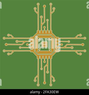 Flache Mikroelektronik-Schaltungen. Leiterplattenvektor, grüner Hintergrund. Stock Vektor
