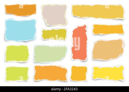 Zerrissene bunte Papierstreifen. Realistische zerknitterte Papierreste mit abgerissenen Kanten. Scherben von Notizbuchseiten. Vektorgrafik. Stock Vektor
