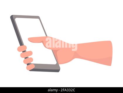 Smartphone in der Hand mit leerem Bildschirm und Platz für Text oder Etikettenvektor flache Illustration isoliert auf weißem Hintergrund. Telefon im Arm des Mannes. Die rechte Hand hält ein modernes Mobiltelefon mit leerem Bildschirm. Stock Vektor
