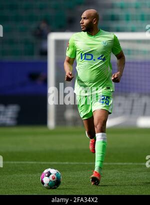 Wolfsburg, Deutschland. April 2021. Fußball, Bundesliga, Matchday 29, VfL Wolfsburg - Bayern München, Volkswagen Arena: John Brooks aus Wolfsburg. Quelle: Michael Sohn/AP-POOL/dpa/Alamy Live News Stockfoto