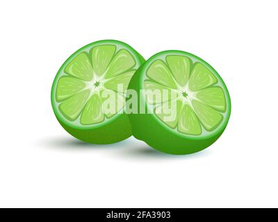 Limette Obst Vektor Cartoon Illustration isoliert auf weißem Hintergrund. Frische grüne, halbgeschnittene, saftige Früchte für eine gesunde Ernährung. Exotische Zitrusfrüchte voller Vitamin C für Limonade, Saft oder Cocktail. Stock Vektor