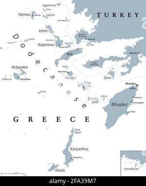 Dodekanesische Inseln, graue politische Landkarte. Griechische Inselgruppe in der südöstlichen Ägäis und im östlichen Mittelmeer vor der Küste der Türkei. Stockfoto