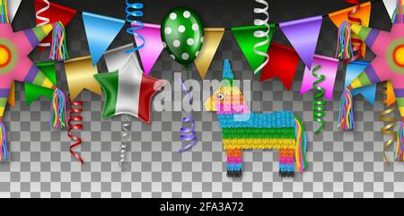 cinco de Mayo nahtloses Banner mit Pinatas, Streamer, Wimpern und Ballons Stock Vektor