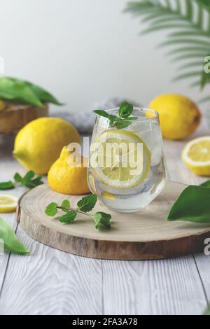 Vibrierend frisches, infundiert entgiftendes Trinkwasser mit Zitronen und Minze Gewichtsverlust Rezept High-Key Stockfoto