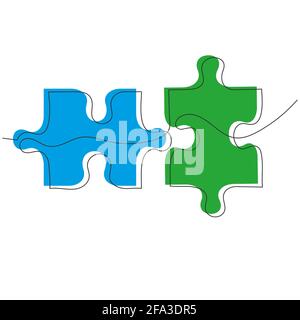 Kontinuierliche eine Linie Zeichnung Stücke Puzzle mit Farben blau und grün. Business Metapher Design. Vektorgrafik handgezeichnete Illustration. Stock Vektor