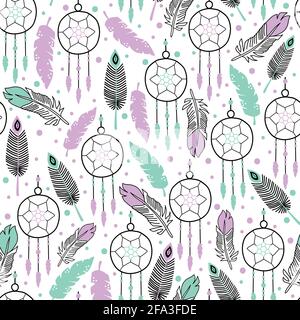 Traumfänger Federn nahtlose Vektor ethnischen Boho-Muster. Wiederholender Hintergrund Indianer Stamm Dekoration Druckelement, Tribal Navajo Stock Vektor