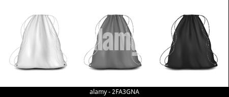 Rucksack mit Schnüren Mockup-Set, Vektor-Illustration. Weißer, grauer, schwarzer Leinwandbeutel mit Kordelzug, Vorlagen für Sporttaschen. Stock Vektor