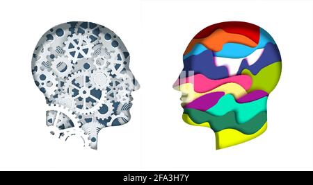 Mann Kopf Silhouetten mit Zahnrädern und abstrakt lebendige Formen, Vektor-Papier geschnitten Illustration. Kreativer und logischer Geist. Stock Vektor