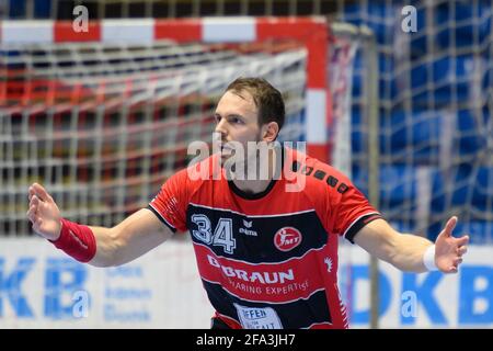 Kassel, Deutschland. April 2021. Handball: Bundesliga, MT Melsungen - THW Kiel, Matchday 27 in der Rothenbach-Halle. Melsungen's Kai Häfner Gesten Quelle: Swen Pförtner/dpa/Alamy Live News Stockfoto