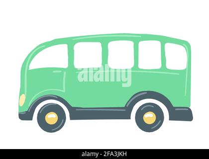 Gelber Autobus. Isoliertes Auto. Handgezeichneter Cartoon-Stil, Vektorgrafik. Öffentliche Verkehrsmittel.. Stock Vektor