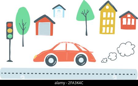 Verkehr und Haus. Transport-Szenario, fährt rotes Auto Straße werfen Häuser und Bäume. vektor-Illustration Doodle Cartoon-Stil Stock Vektor