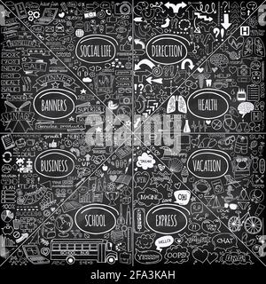 Mega-Set von Doodle sozialen, Unternehmen, Medizin, Urlaub und Schule Symbole, Banner, Pfeile und Sprechblasen. Handgezeichnet auf Kreidetafel Designer eleme Stock Vektor