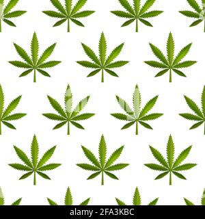 Viele grüne realistische Marihuanablätter, medizinisches Cannabis detaillierte Symbole auf dem weißen Hintergrund, nahtloses Muster Stock Vektor