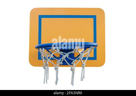 Basketball blauer Reifen mit leerem Korb und gelbem Backboard. Basketball-Korb, Tor isoliert auf weißem Bckground Stockfoto