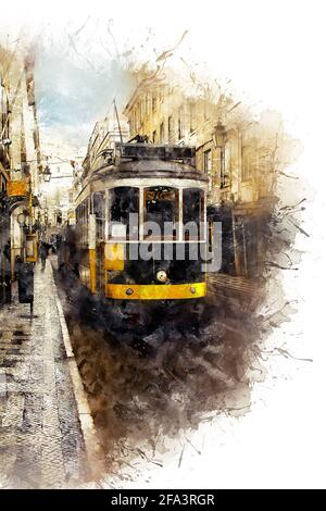 Die altmodische Straßenbahn fährt entlang der Lissabonner Straße Stockfoto