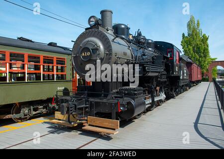 Dampflokomotive Boston & Maine B&M No. 410 0-6-0 ausgestellt im National Streetcar Museum auf der Dutton Street in Downtown Lowell, Massachusetts, MA, USA. Stockfoto