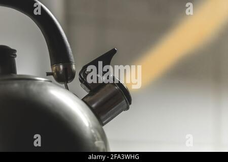 Ein Metallkessel mit einer Pfeife erwärmt das Wasser auf einem Gasherd in der Küche, aus nächster Nähe. Stockfoto