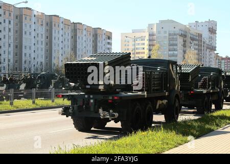 MINSK, WEISSRUSSLAND - 8. Mai 2020: Vorbereitung der Parade am Tag des Sieges. Stockfoto