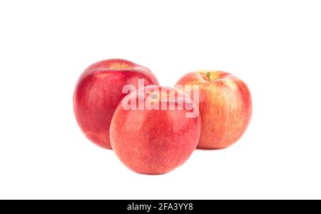 Drei rote Äpfel isoliert auf weißem Hintergrund. Nahaufnahme. Speicherplatz kopieren. Stockfoto