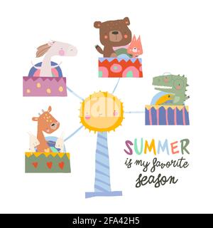 Happy Funny Cartoon Tiere Reiten auf einem Karneval Karussell Stock Vektor