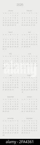 Monatskalender jährlich des Jahres 2025 Stock Vektor