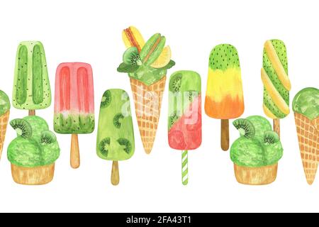 Kiwi Eis Popsicle horizontale Wiederholung Grenze, nahtlose Aquarell handgezeichnete Illustration, süße Dessert Ornament für Sommerurlaub Dekor, lecker Stockfoto