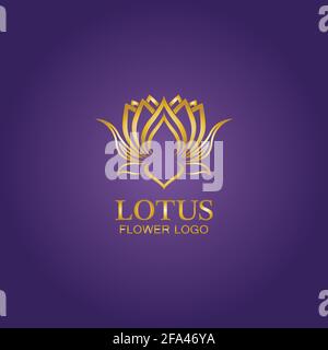 Logo der goldenen Lotusblume. Vektor-Design-Vorlage von Lotus-Symbol auf dunklem Hintergrund mit goldenem Effekt für Öko-, Beauty-, Spa-, Yoga-, Medizin-Unternehmen. Stock Vektor