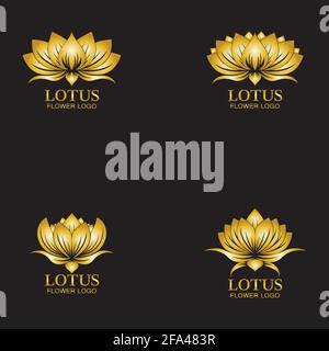 Logo der goldenen Lotusblume. Vektor-Design-Vorlage von Lotus-Symbol auf dunklem Hintergrund mit goldenem Effekt für Öko-, Beauty-, Spa-, Yoga-, Medizin-Unternehmen. Stock Vektor