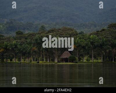 Luftpanorama des tropischen Regenwalds des Amazonas exotischer, üppiger Dschungel Eco Lodge Hotel Holzhütte Stelzenhütte am Flusssee In Südamerika Stockfoto