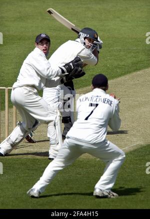 SESSEX V ZIMBABWE BEI HOVE STUART CARLISLE STEHT KURZ VOR DER ERÖFFNUNG CT VON R.R.MONTGOMERIE BEI M.DAVIS'S BOWLING 15/5/2003 CRICKET-BILD DAVID ASHDOWNCRICKET Stockfoto