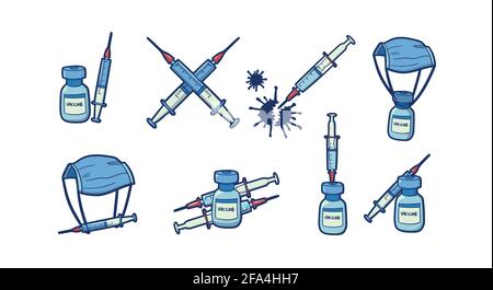 Sammlung von isolierten, handgezeichneten Vektoren, die mit der Impfung in Verbindung stehen, Impfungen, Spritzen, die das Immunsystem auf weißem Hintergrund verbessern. Stock Vektor