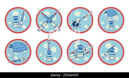 Sammlung von isolierten, von Hand gezeichneten, Vektoren im Zusammenhang mit Impfungen, Impfungen, Spritzen, Verbesserung des Immunsystems, auf kreisförmigem Hintergrund. Stock Vektor